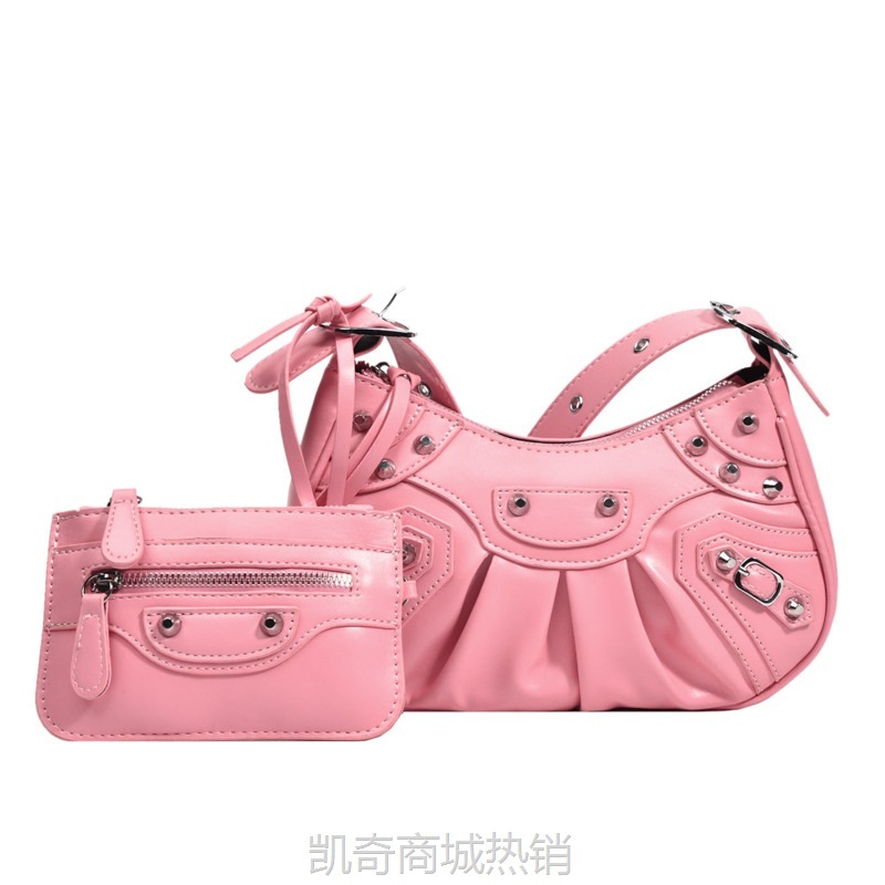 跨境新款腋下包包女2024褶皱月牙子母单肩包女欧美复古铆钉机车包