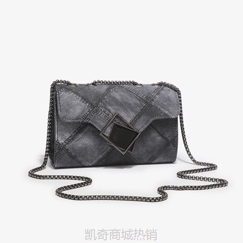 牛仔pu皮革菱格压花小方包时尚渐变色链条斜挎单肩女包新款手机包