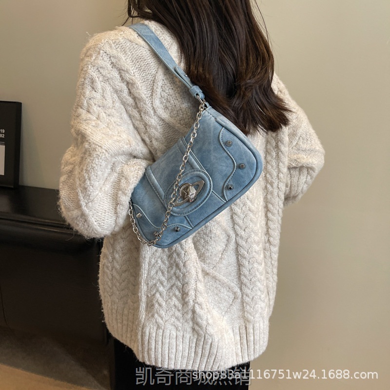 y2k机车风通勤复古潮流百搭牛仔腋下单肩包日常搭配链条斜挎女包