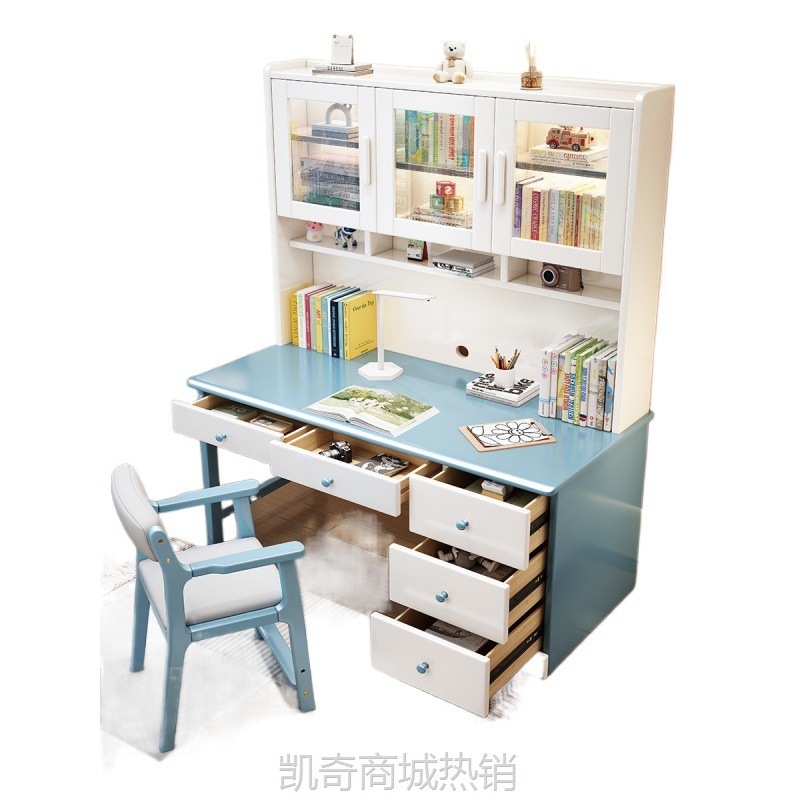 一体书桌书架实木电脑桌书柜组合学生学习桌椅卧室办公电脑台家用