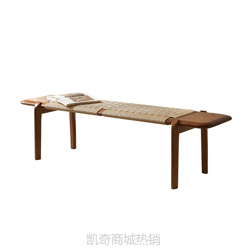 北欧藤编床尾凳卧室入户试换鞋凳脚踏榻前床边长条凳服装店凳子木