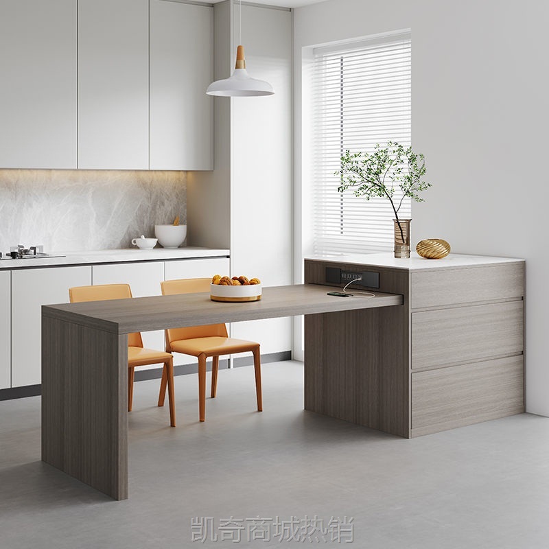 可伸缩岩板吧台北欧实木餐台岩板岛台餐桌一体现代简约智能料理台