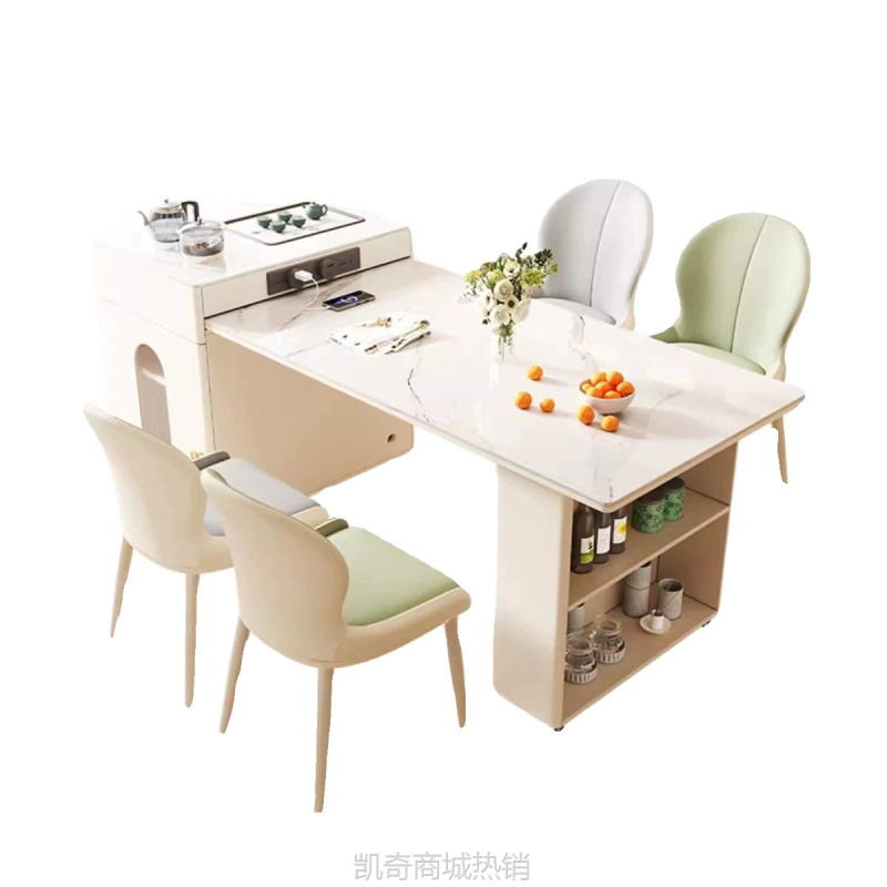 奶油风岩板可伸缩岛台餐桌一体现代简约小户型家用多功能泡茶桌子