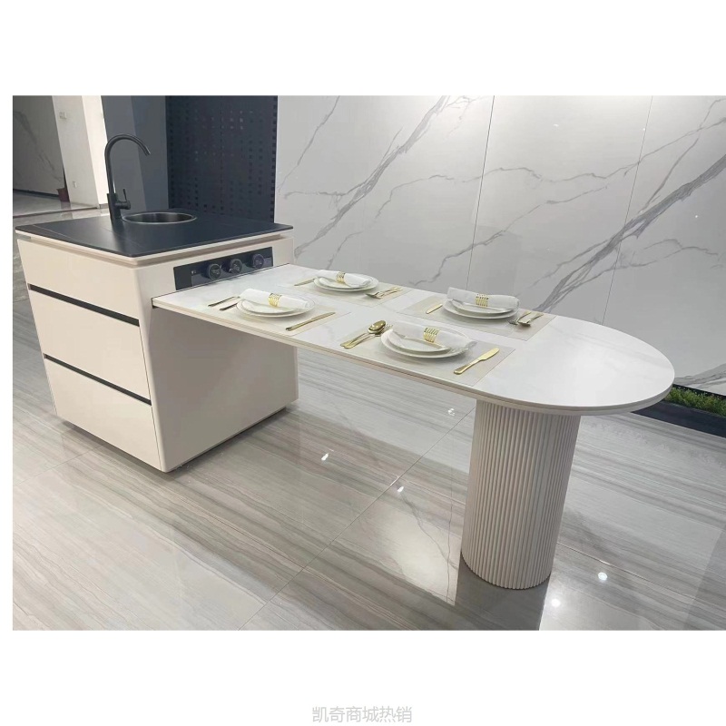 奶油风岩板中岛台餐桌一体智能家用餐厅多功能伸缩料理台圆弧吧台