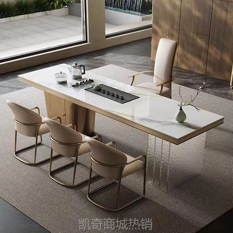 轻奢岩板中岛台茶台多功能办公台阳台家用茶桌椅亚克力悬浮老板台