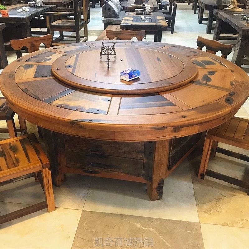 老船木餐桌椅组合家用1米6圆形吃饭桌酒店待客电动带转盘大圆餐桌