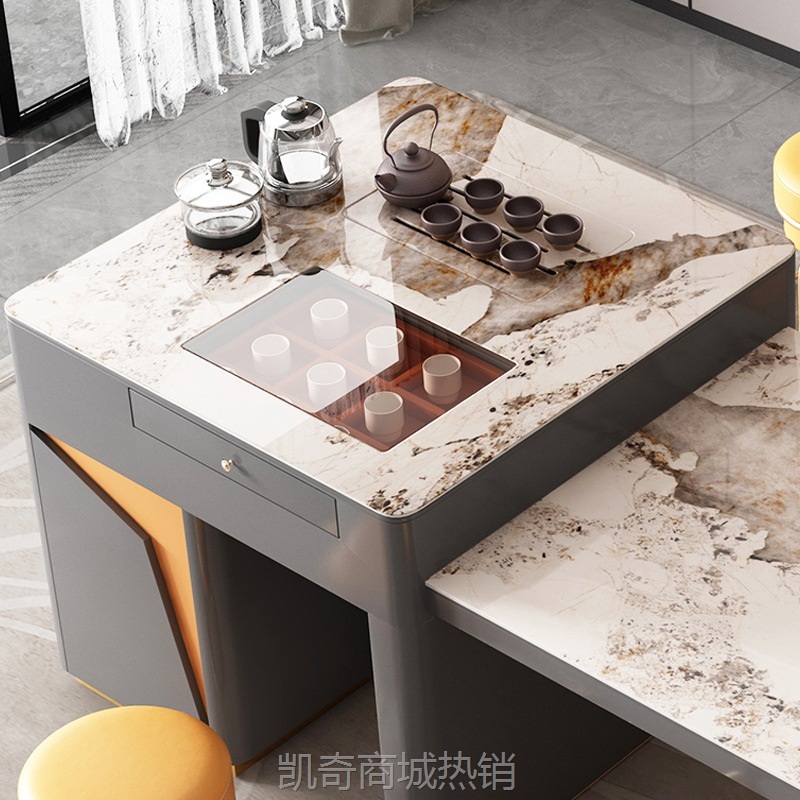 美式轻奢设计岩板岛台办公室洽谈功夫茶桌智能茶台收纳柜一体饭桌
