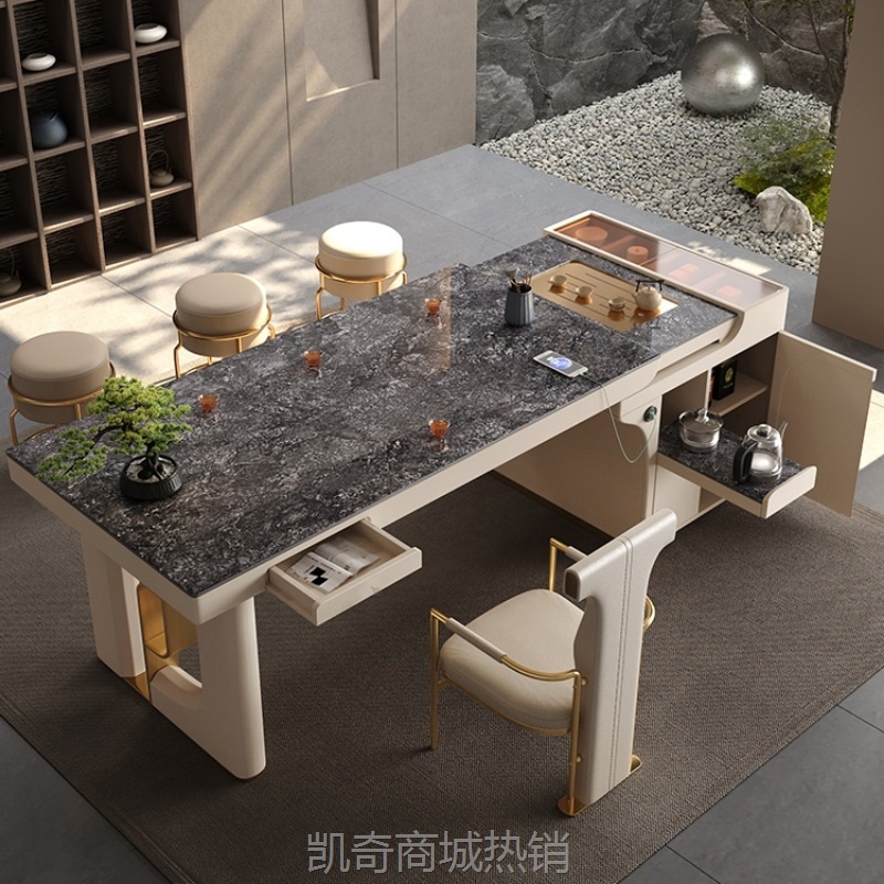 轻奢岩板茶台办公桌泡茶台洽谈桌可拉伸茶桌中岛台餐桌椅组合套装
