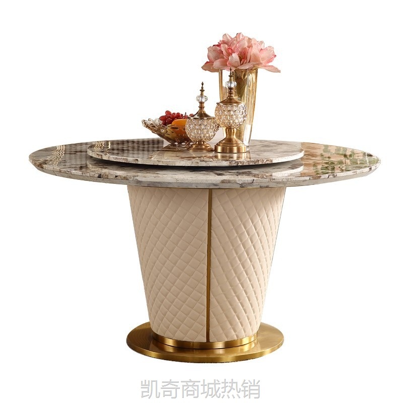 轻奢意式圆桌极简岩板圆形饭桌现代轻奢别墅高端大理石饭桌带转盘