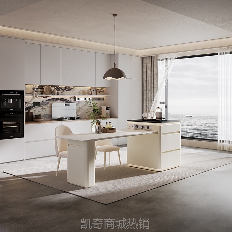 奶油风轻奢岩板岛台餐岛一体家用开放式餐桌厨房中岛台可伸缩吧台