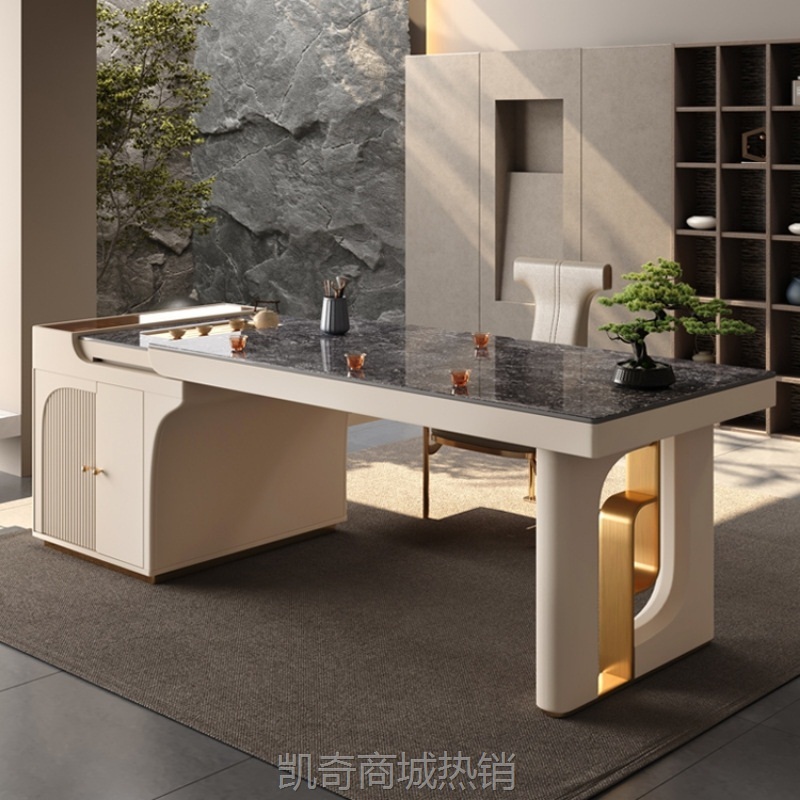 轻奢岩板茶台办公桌泡茶台洽谈桌可拉伸茶桌中岛台餐桌椅组合套装