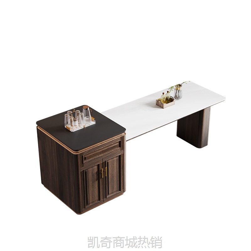 奶油风轻奢岩板岛台餐岛一体家用开放式餐桌厨房中岛台可伸缩吧台