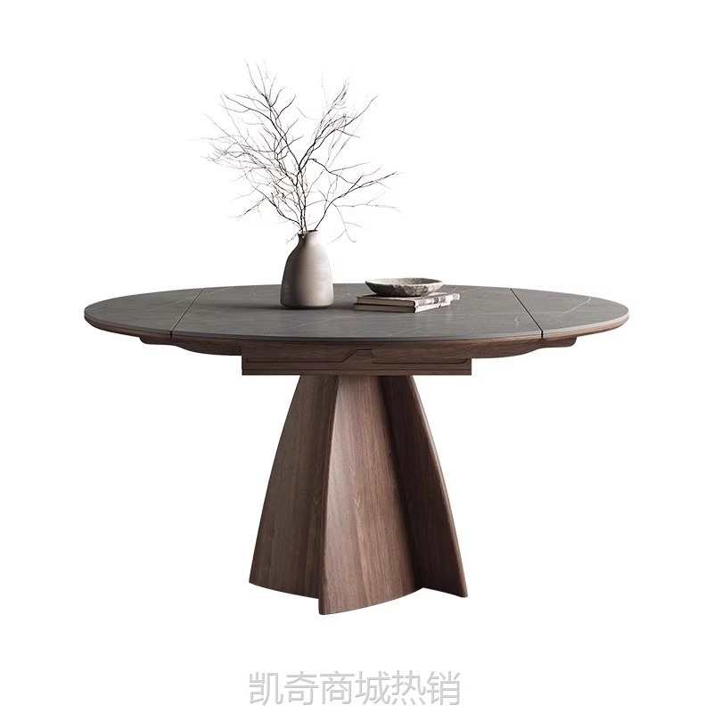 伸缩岩板餐桌2024新款轻奢高端哑光现代简约意式极简圆形实木餐桌