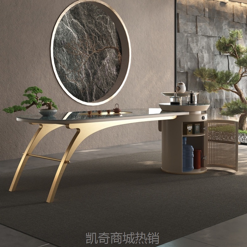 轻奢岩板中岛台茶台多功能办公台阳台家用茶桌椅一体组合泡茶吧台