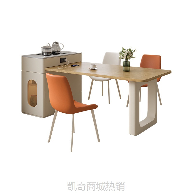 岛台餐桌一体家用奶油风可伸缩小户型轻奢原木风实木桌面吃饭桌子