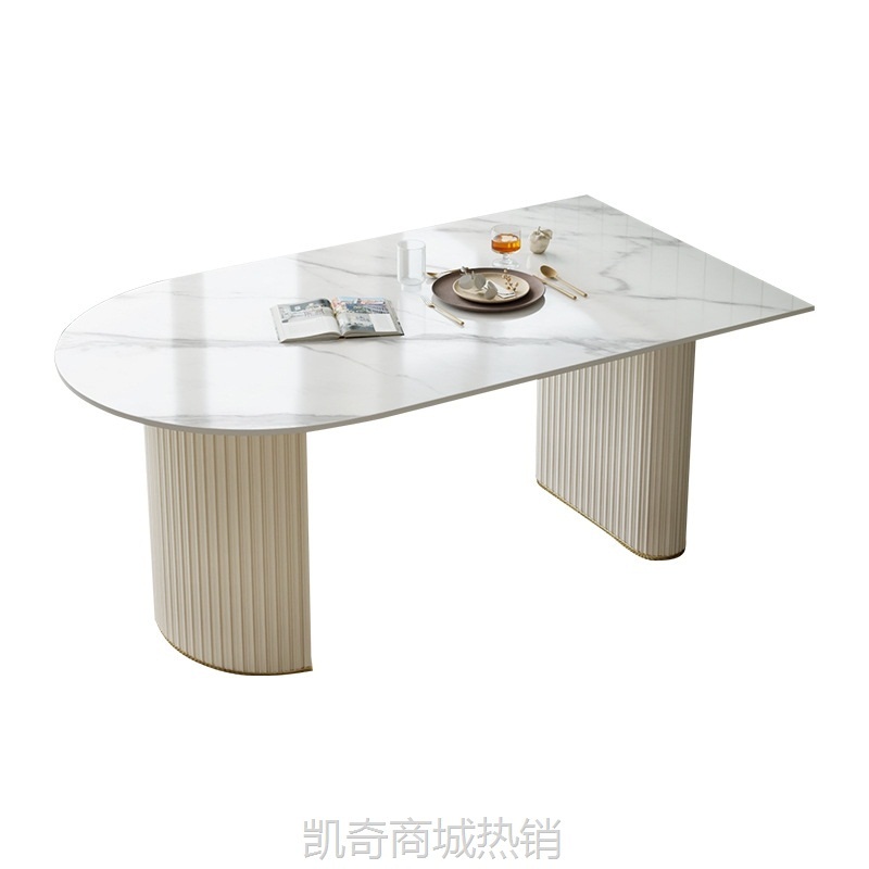 岩板餐桌组合白蜡木中岛台亮光白家用小户型轻奢法式岩板餐桌椭圆