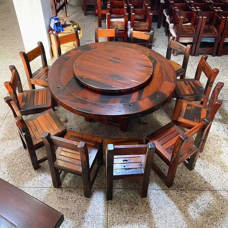 老船木餐桌椅组合家用1米6圆形吃饭桌酒店待客电动带转盘大圆餐桌