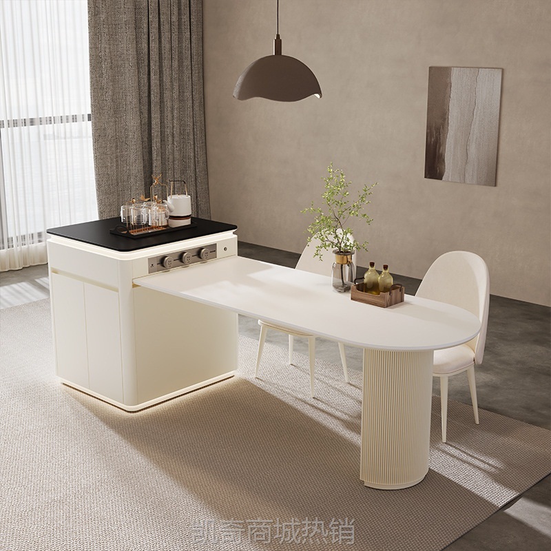 奶油风轻奢岩板岛台餐岛一体家用开放式餐桌厨房中岛台可伸缩吧台
