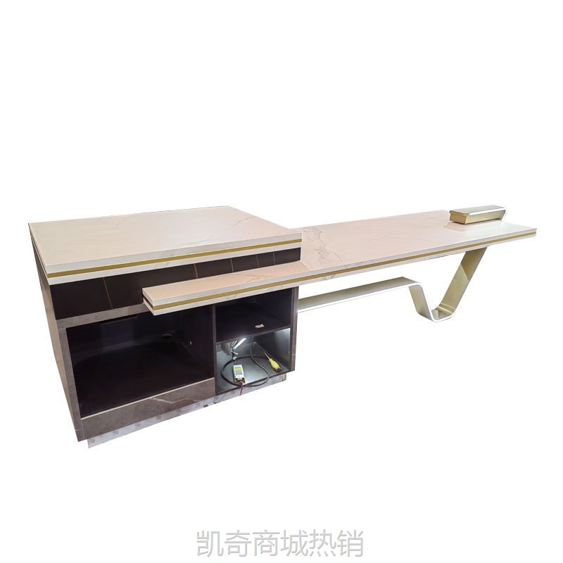 轻奢岩板餐桌椅组合现代简约别墅高端异型岛台一体长方形桌带灯带