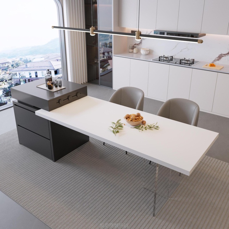 岛台餐桌一体可伸缩轻奢家用餐厅开放式厨房小户型多功能岩板岛台