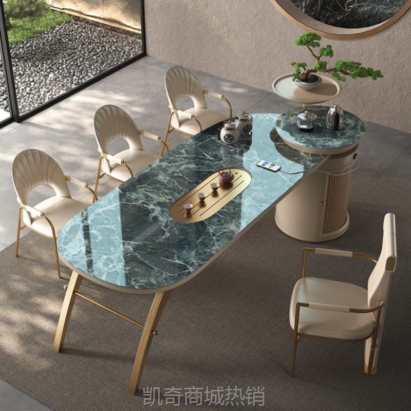 轻奢岩板中岛台茶台多功能办公台阳台家用茶桌椅一体组合泡茶吧台