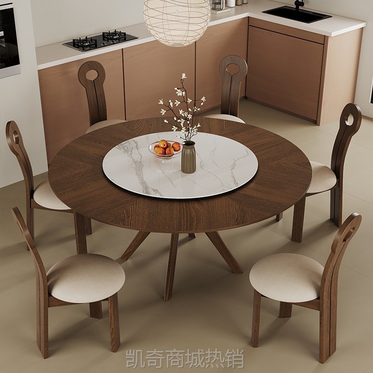 法式中古风实木餐桌圆桌家用小户型胡桃木色设计师圆餐桌圆形饭桌