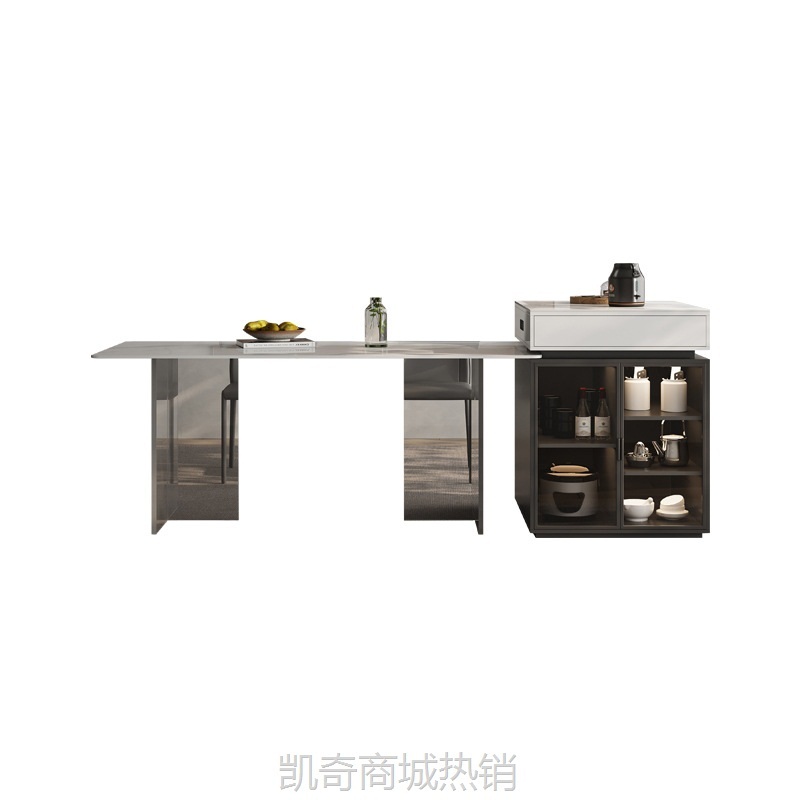 亚克力纯黑岩板实木岛台餐桌一体小户型家用简约多功能饭桌椅组合