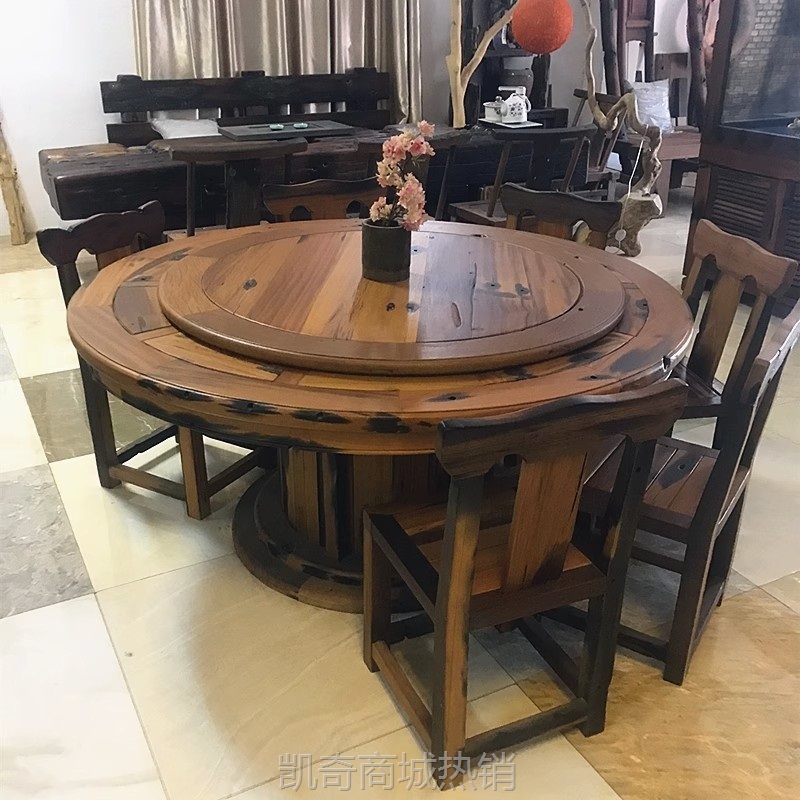老船木餐桌椅组合家用1米6圆形吃饭桌酒店待客电动带转盘大圆餐桌