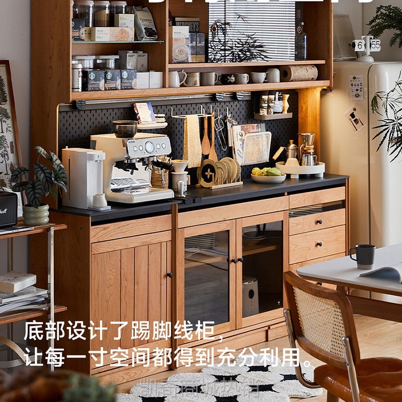 北欧实木餐边柜日式樱桃木高柜一体靠墙洞洞板收纳岩板台面储物柜
