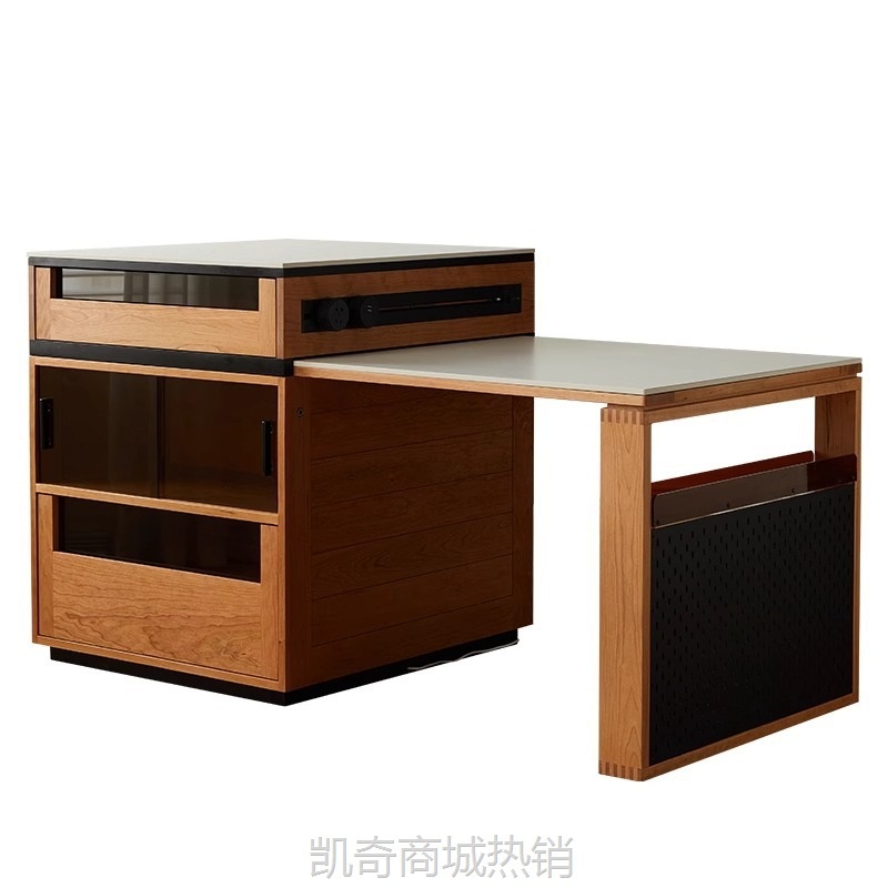 樱桃木岛台餐桌一体多功能家用小户型实木可伸缩吧台岩板餐桌