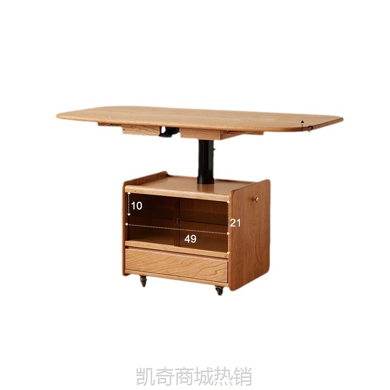 日式实木茶桌升降茶几餐桌两用折叠伸缩樱桃木可移动茶几推车