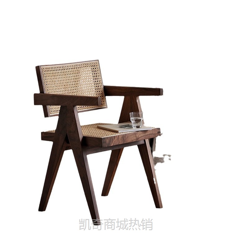 昌迪加尔黑胡桃木侘寂风中古靠背椅书房椅复古藤编餐椅