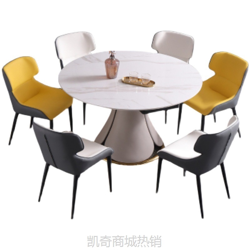 意式大理石餐桌带转盘轻奢圆形吃饭桌岩板圆形餐桌椅组合佛山家具