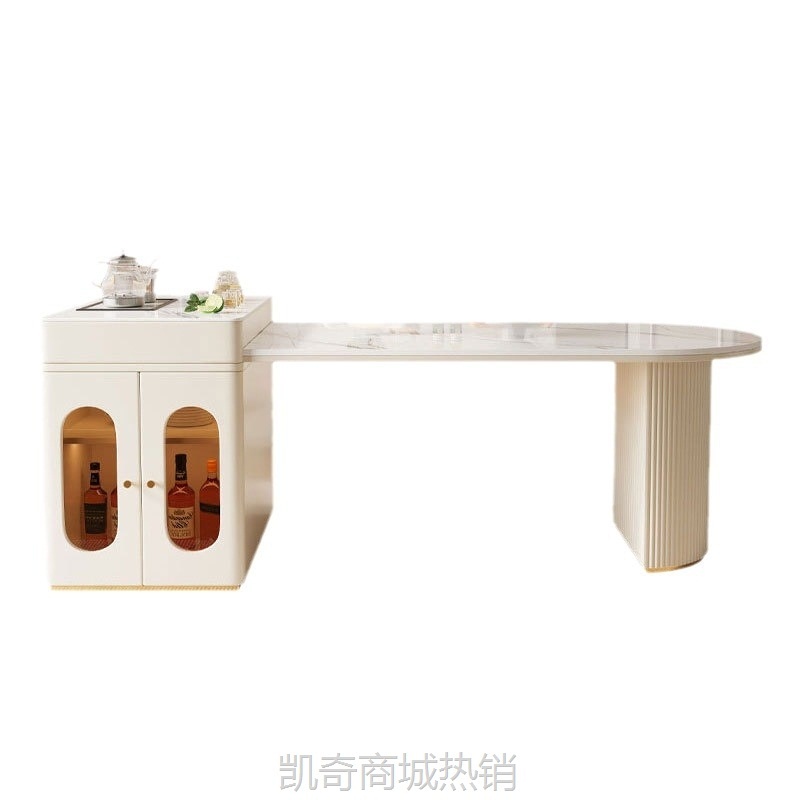 轻奢岩板奶油风岛台餐桌多功能可伸缩储物家用小户型茶桌现代简约