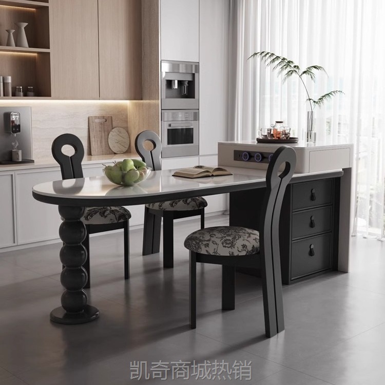 黑色法式复古风可伸缩岩板岛台餐桌一体多功能家用小户型圆弧岛台