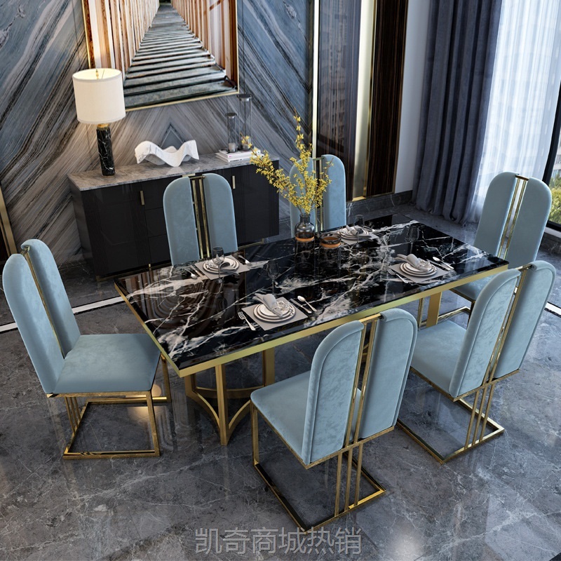 北欧轻奢大理石餐桌椅组合后现代简约客厅长方形饭桌餐厅高端餐桌