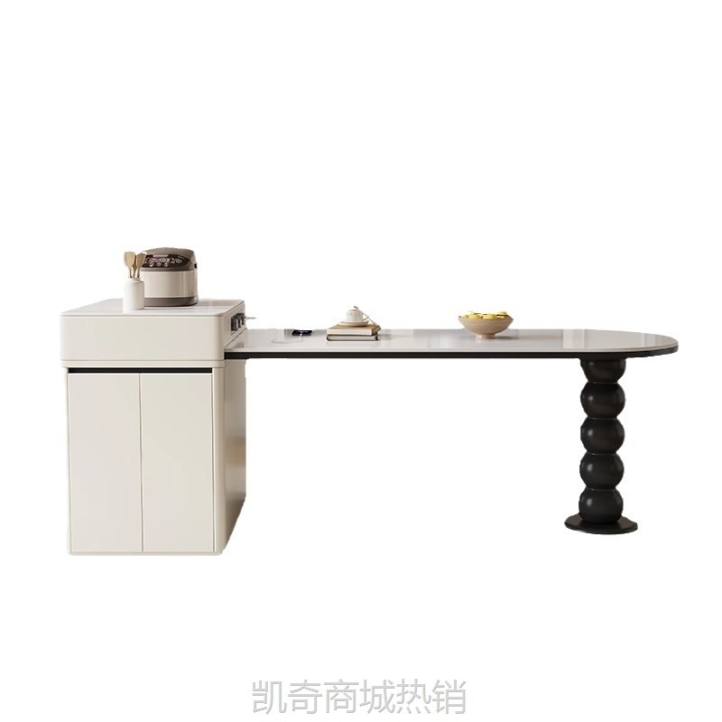 法式中古风可伸缩岛台餐桌一体家用小户型复古圆弧中岛台岩板餐桌