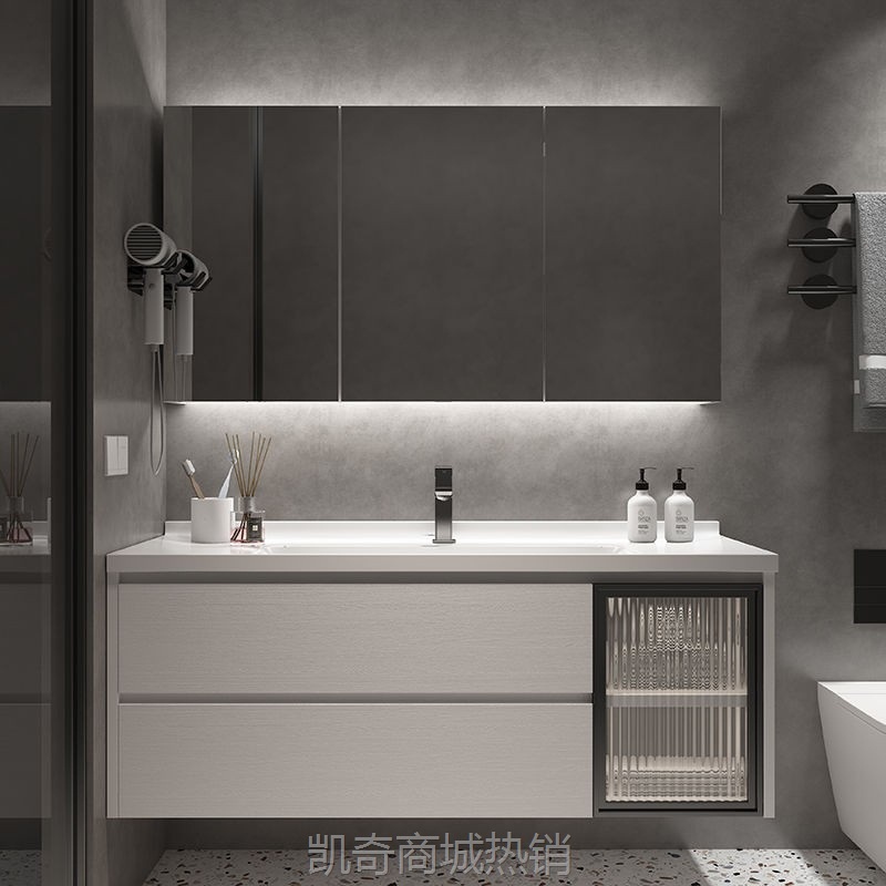 轻奢智能实木陶瓷一体盆浴室柜组合现代新款家用卫生间洗漱台盆柜