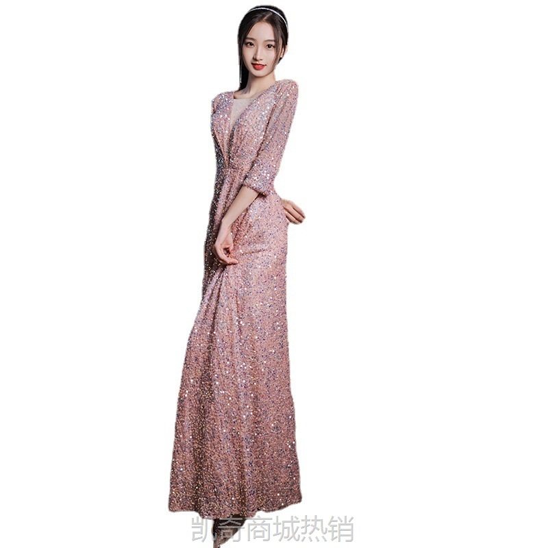 亮片晚礼服女2024秋季新款气质名媛设计感连衣裙长款主持宴会礼服