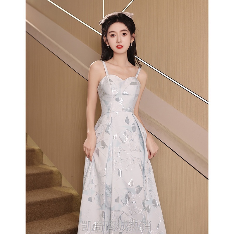 蓝色小晚礼服裙女高级感2024新款轻奢小众改良订婚旗袍艺考连衣裙