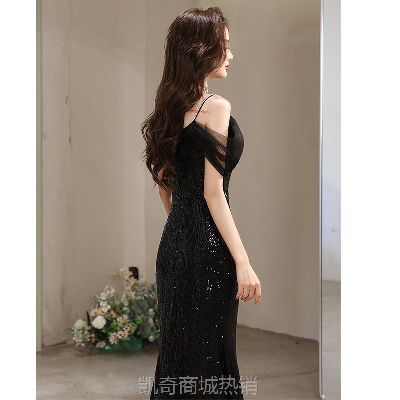 吊带黑色晚礼服女2024新款高级感名媛连衣裙轻奢小众高端性感开叉