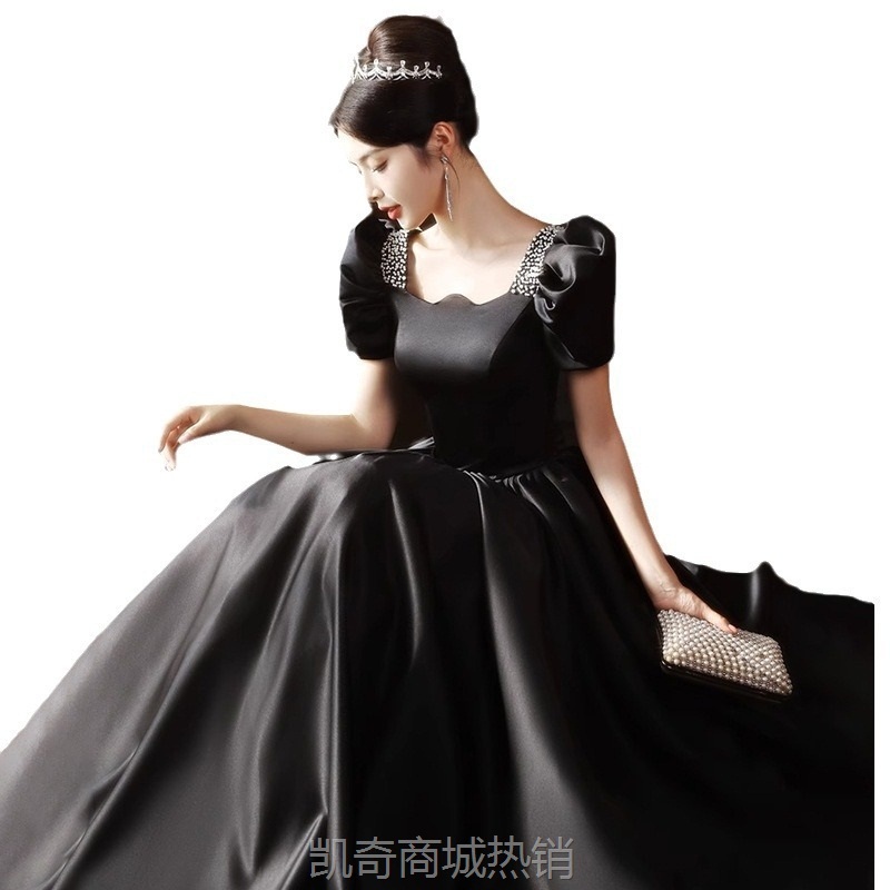 黑色晚礼服裙女缎面高级感高端轻奢小众宴会成人礼气质主持人艺考