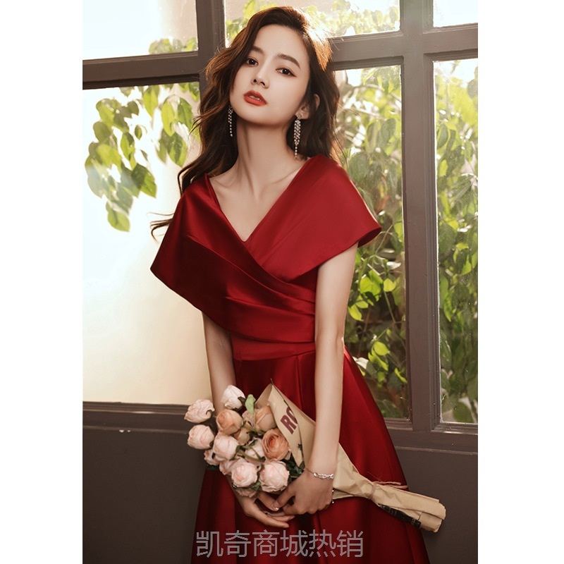 酒红色敬酒服女气质缎面春季薄款回门平时可穿小个子新娘结婚礼服