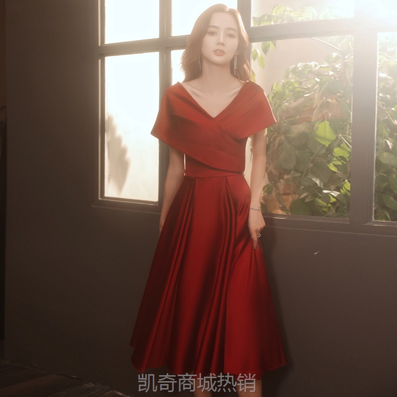 酒红色敬酒服女气质缎面春季薄款回门平时可穿小个子新娘结婚礼服