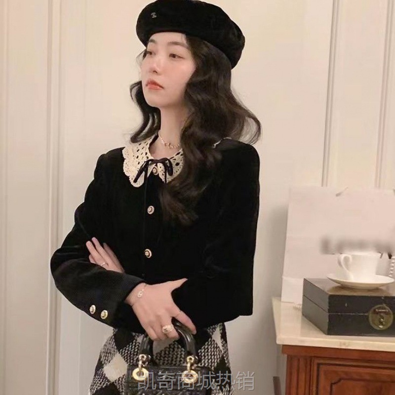 丝绒短外套优雅小香短外套女精致时髦小翻领格子流苏半裙两件套女
