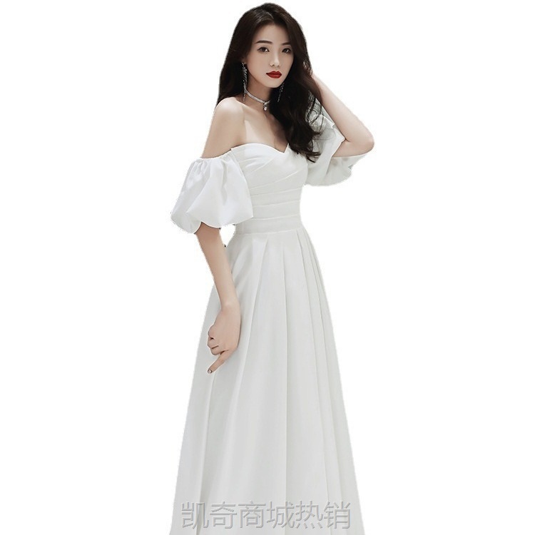 白色晚礼服女2024新款气质名媛长款学生宴会生日一字肩轻婚纱礼服