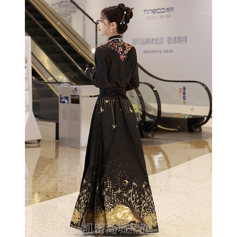 新中式汉服女黑色马面裙日常通勤可穿两件套装国风古装上衣半身裙