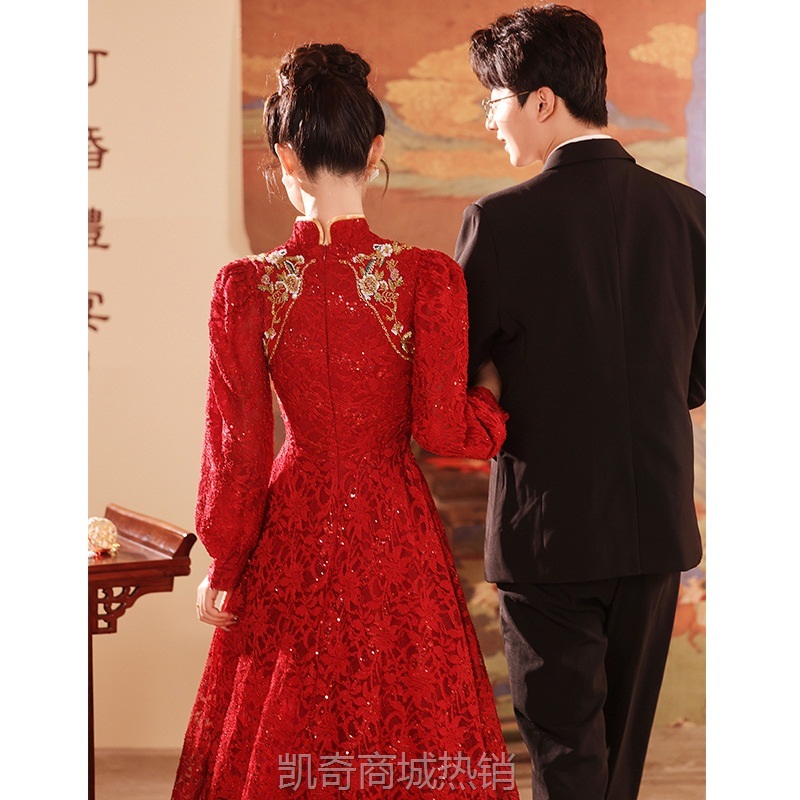新中式敬酒服新娘2024新款结婚回门宴旗袍红色订婚礼服裙春季长袖