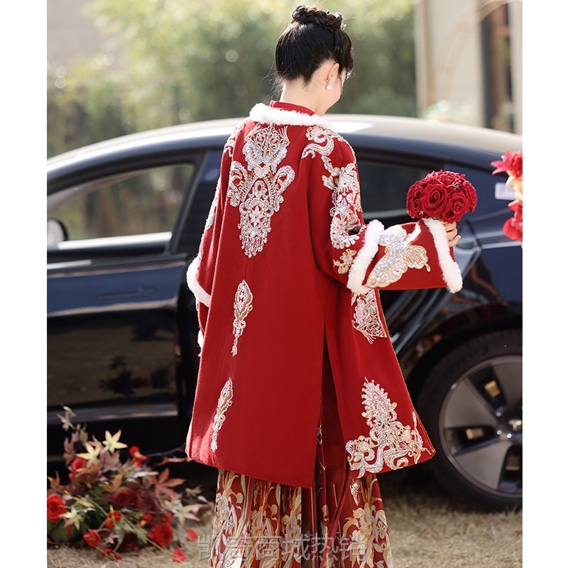 红色马面裙敬酒服新娘中式汉服披肩春季加厚结婚套装回门订婚礼服