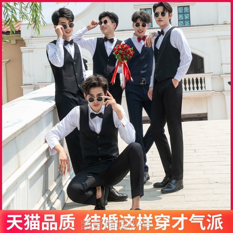伴郎服团服兄弟装夏季西式男衬衫新郎结婚礼服马甲三件套西服套装